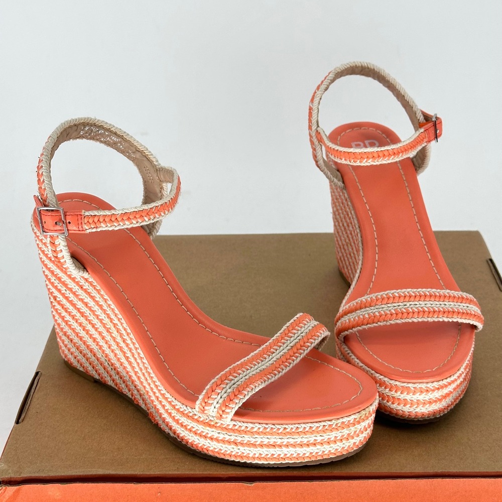 BP. Camelia Woven Orange White Wedge Sandals Buckle Ankle Summer Vacay 8 M